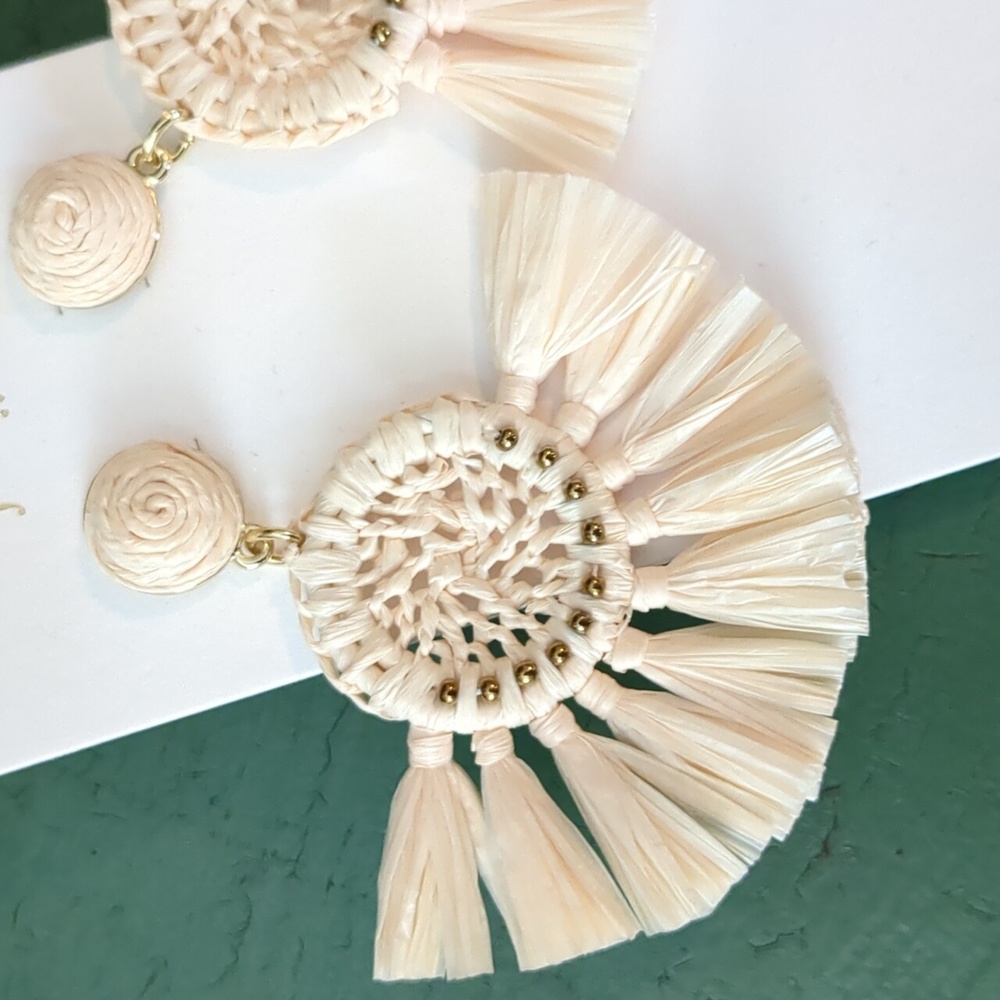 NWT J. Crew Fan Statement Earrings, Raffia Boho Beachy J.Crew Factory - Picture 2 of 6